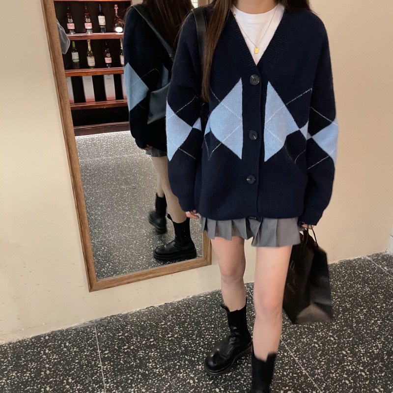 Áo Khoác Cardigan Len Nữ Quảng Châu Dáng Dài Họa Tiết Kẻ Hình Thoi Kim Cương Karo Vintage Hàn Quốc