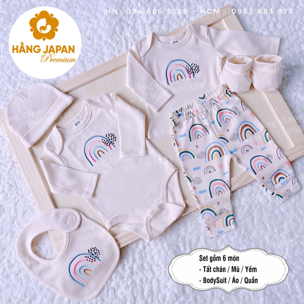 Set đồ sơ sinh 6 chi tiết Gem Look cho bé gồm bộ body, bộ quần áo, mũ, yếm, bao chân cotton organic hàng Úc