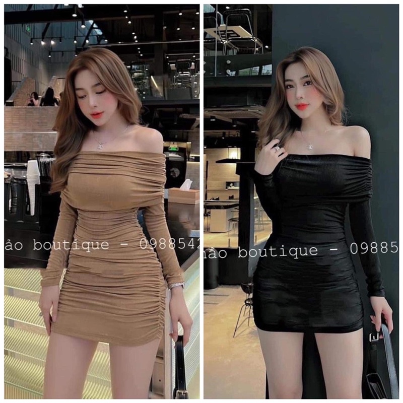 Váy đầm body đầm trễ vai nhún sang chảnh size S-M