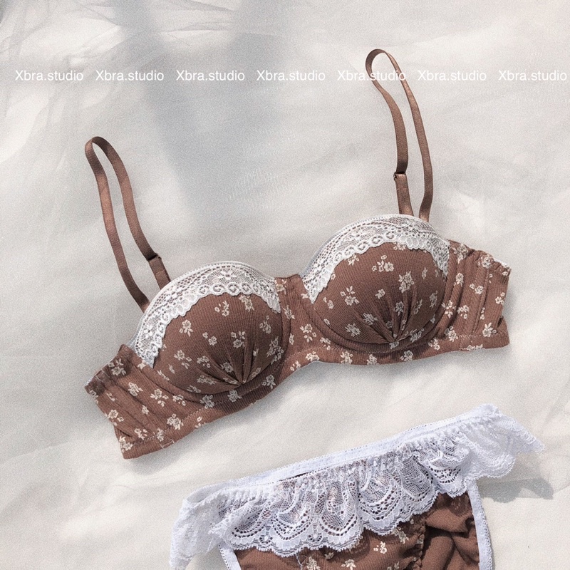 Bộ đồ lót hoa nhí nâu phối ren áo cup ngang CÓ MÚT | BigBuy360 - bigbuy360.vn