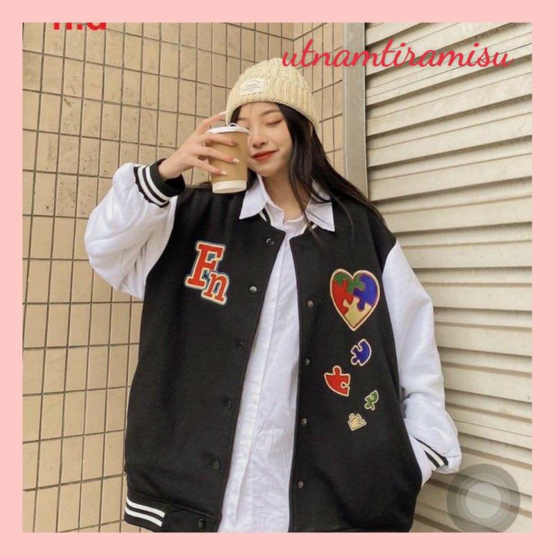 Áo Khoác Bomber FN Tim cúc bấm nam nữJacket Unisex Chất nỉ vs gió Form &lt;60kgÁo Bóng Chày Phong cách Thể thao