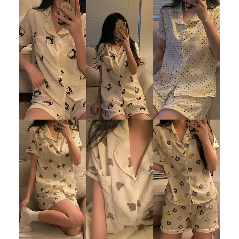 [Ảnh thật] Bộ Pijama Nữ Cộc Tay Chất Đũi Cổ 2 Ve Họa Tiết Dễ Thương, Bộ Mặc Nhà Nữ