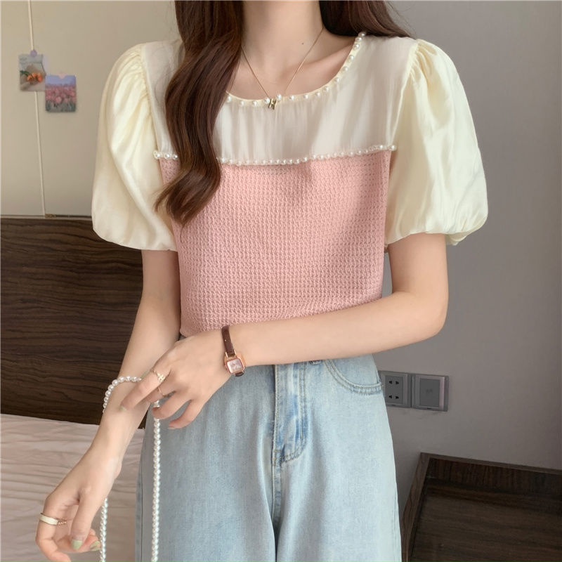 Áo Kiểu Tay Phồng Phối Lưới Đính Ngọc Trai Thiết Kế Mới Thời Trang Mùa Hè Cho Nữ