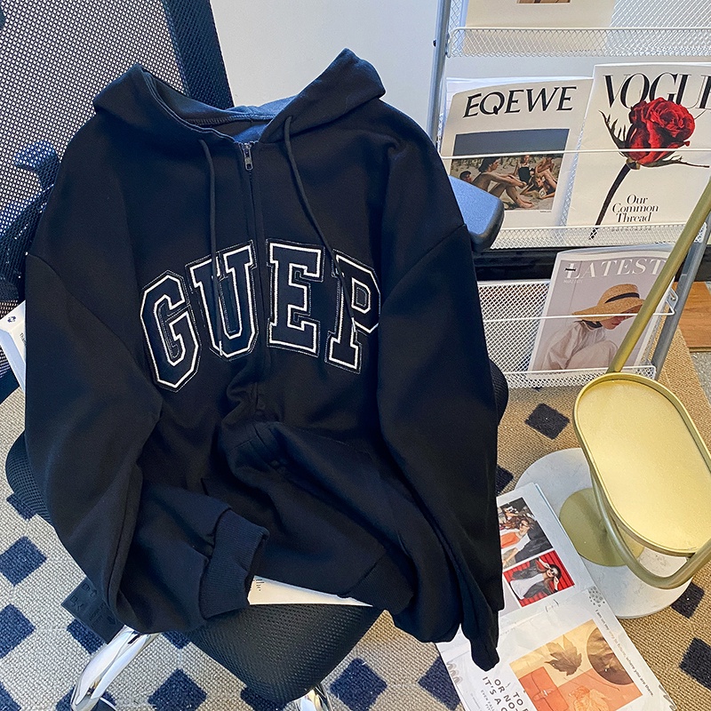 ZHELIHANGFEI Áo Khoác Hoodie Tay Dài Dáng Rộng Thêu Họa Tiết Phong Cách Nhật Bản