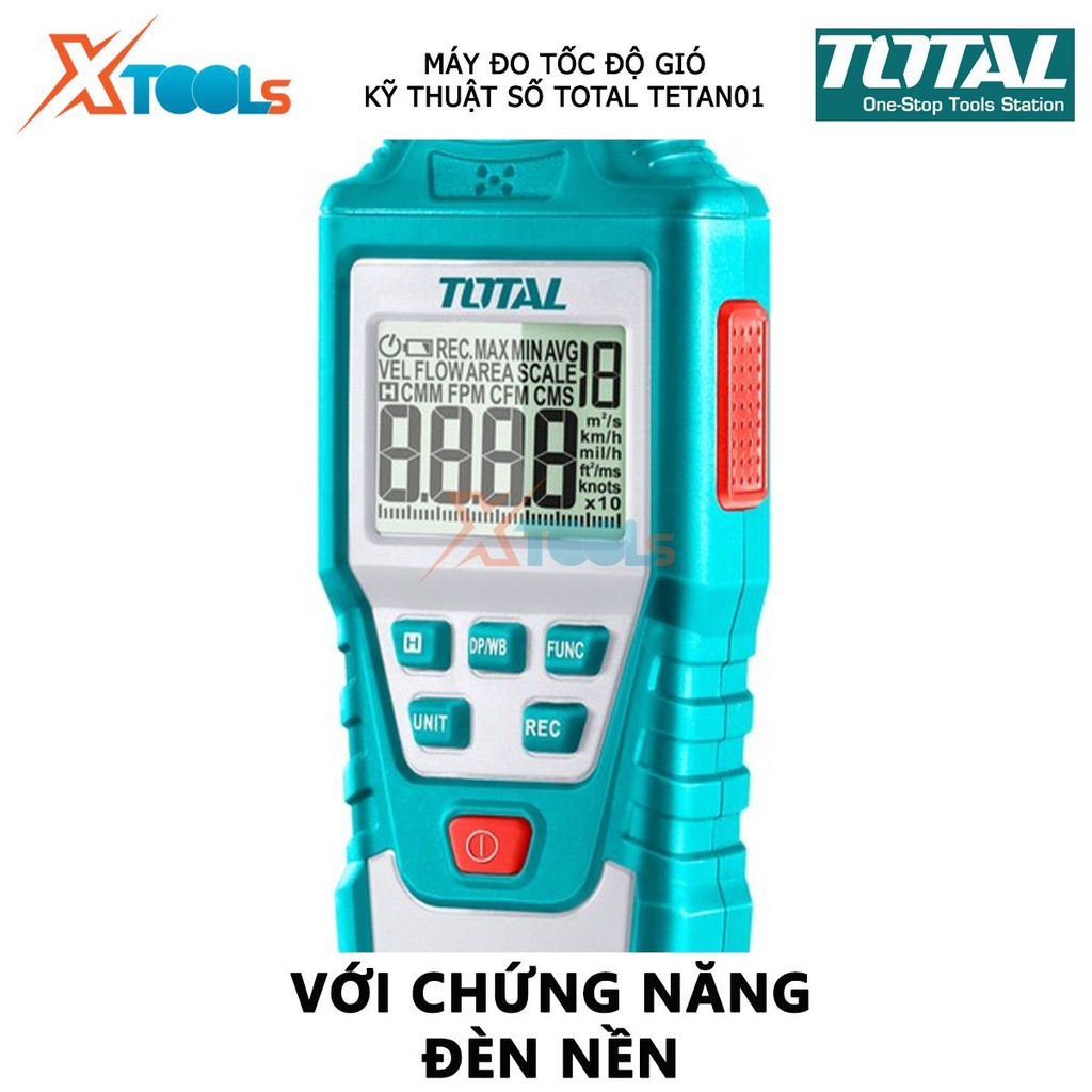 Máy đo tốc độ gió kỹ thuật số TOTAL TETAN01 | thiết bị đo lưu lượng gió Chức năng đèn nền, Với chức năng thông báo chỉ s