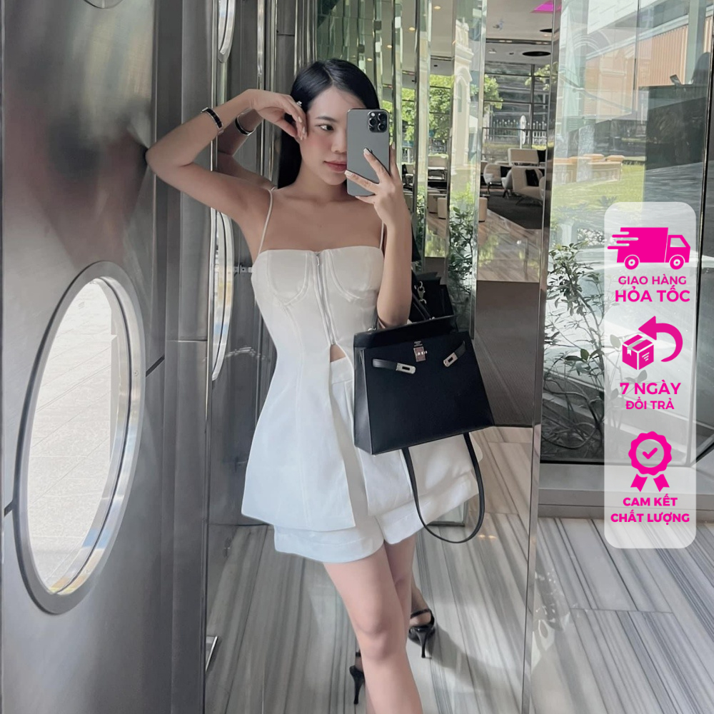 Sét 2 dây khoá kéo 2 lớp dày dặn siêu đẹp + quần short khoá kéo hông trắng/đen S101
