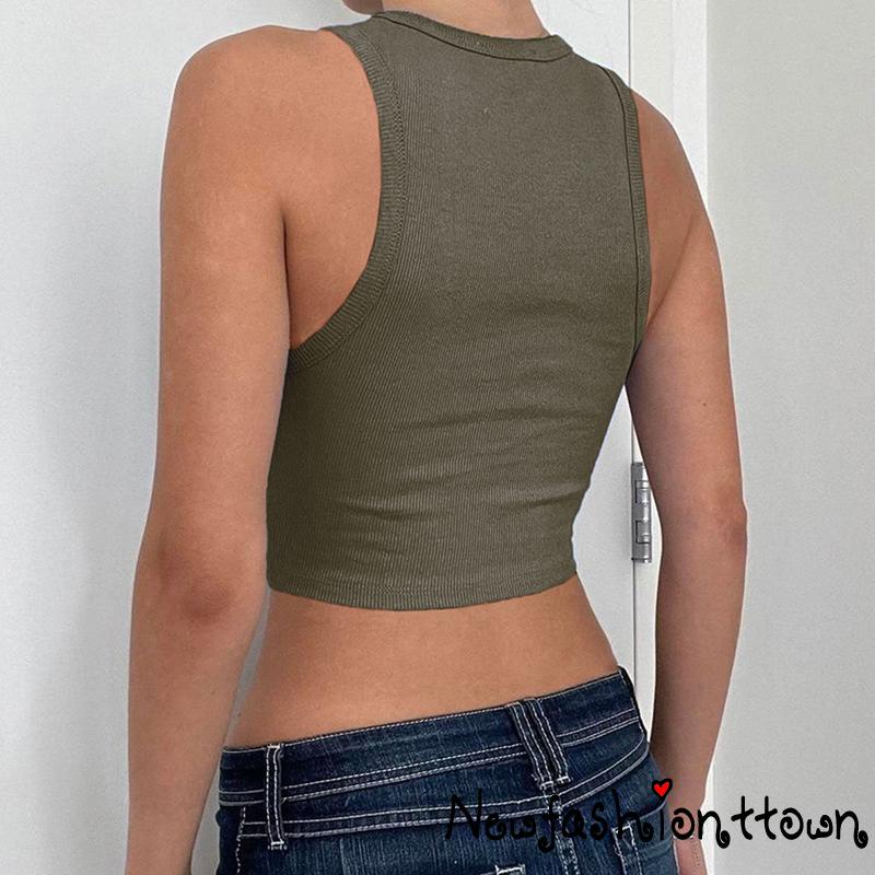 Áo Croptop Dệt Kim Sát Nách Cổ Tròn Phong Cách Đường Phố Cho Nữ Cỡ S-M-L