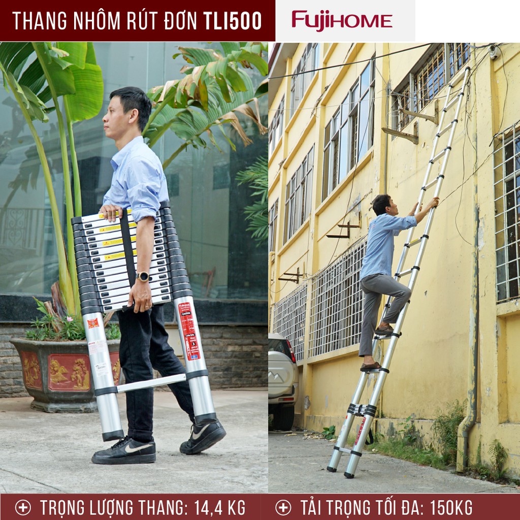 Thang nhôm rút đơn Nhập Khẩu 3,8m - 4,4m - 5m gấp gọn Nhật Bản FUJIHOME, thang rút xếp gọn telescopic ladder chính hãng