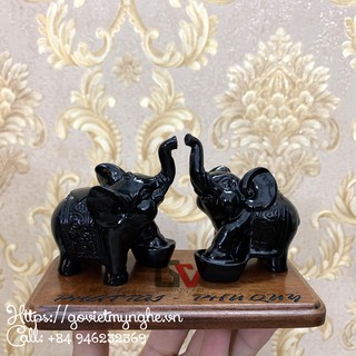 [Tượng con voi] Set 2 tượng voi đá thỏi vàng trang trí quà tặng tân gia - Đế gỗ - Màu đen tuyền