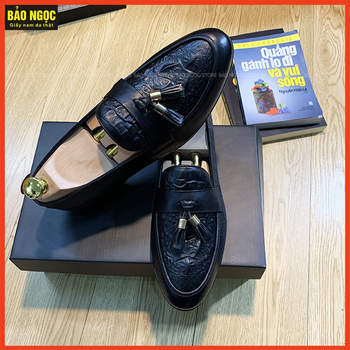 Giày Lười Nam - Giày Da Nam Công Sở Dập Vân Cá Sấu - Da Bò Nguyên Tấm Băng Chuông - Màu Đen - Mã K666