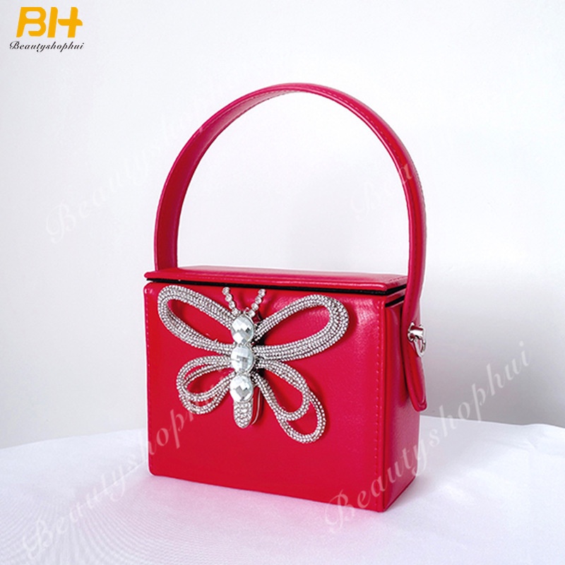 Túi Xách Da PU Cầm Tay Dáng Vuông Nhỏ Đính Đá Thời Trang 2022 Sang Trọng Cho Nữ