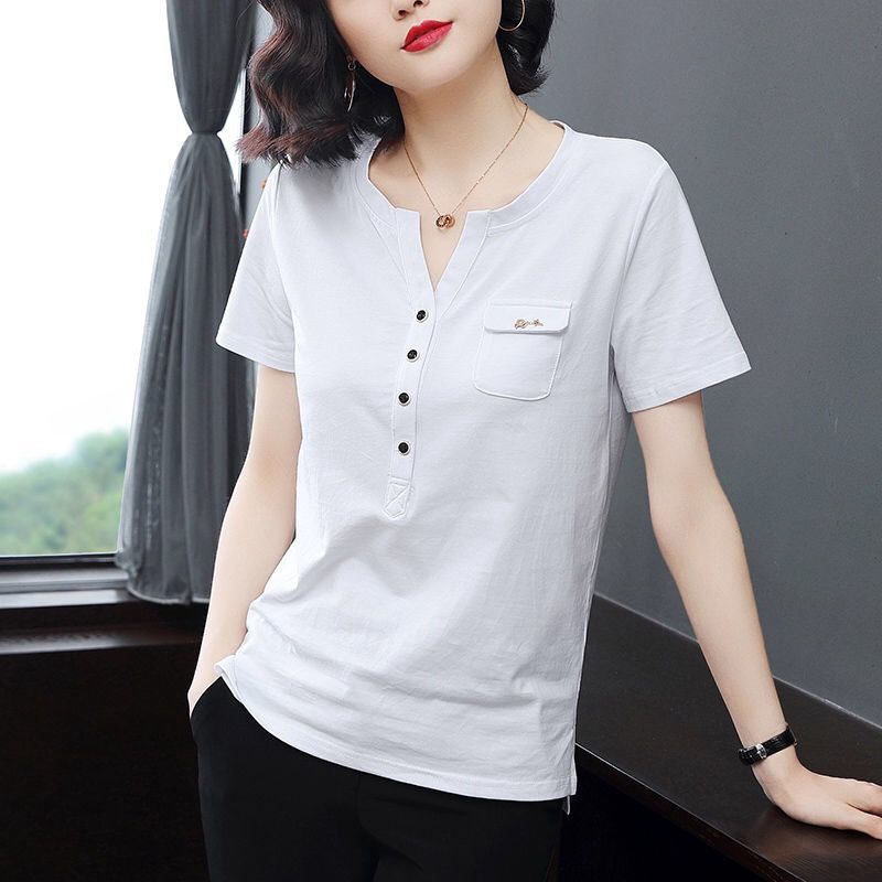 Áo thun cotton cổ chữ V dáng rộng phong cách Hàn Quốc thời trang nữ năng động