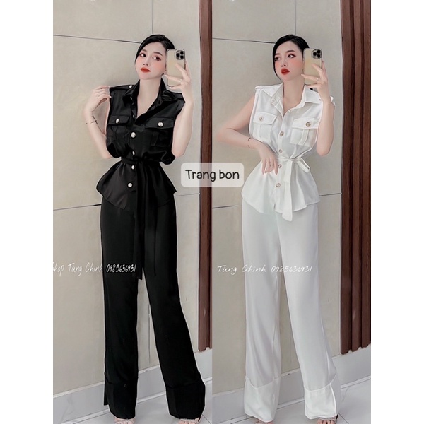 Set áo somi cúc kèm đai + quần suông