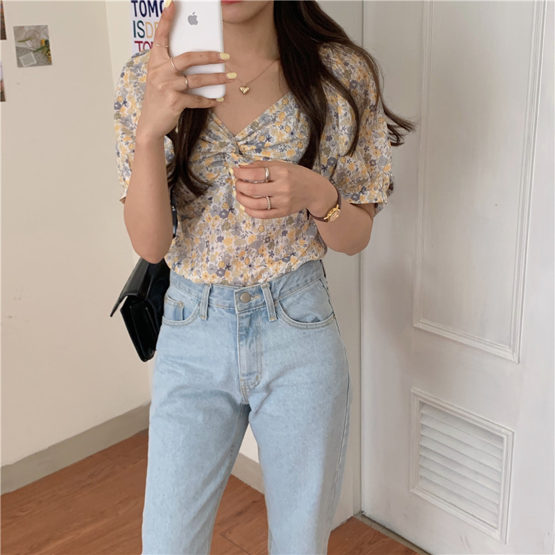 SUXI Áo Croptop Tay Phồng Cổ Vuông Họa Tiết Hoa Xinh Xắn Cho Nữ