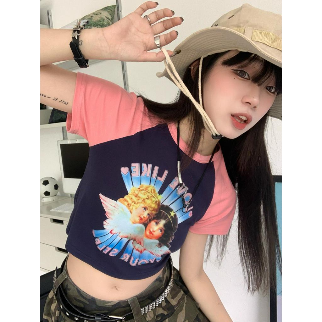 Áo Thun Dáng Ôm Ngắn Tay In Thiên Thần Màu Sắc Tương Phản Thời Trang Cá Tính 62810