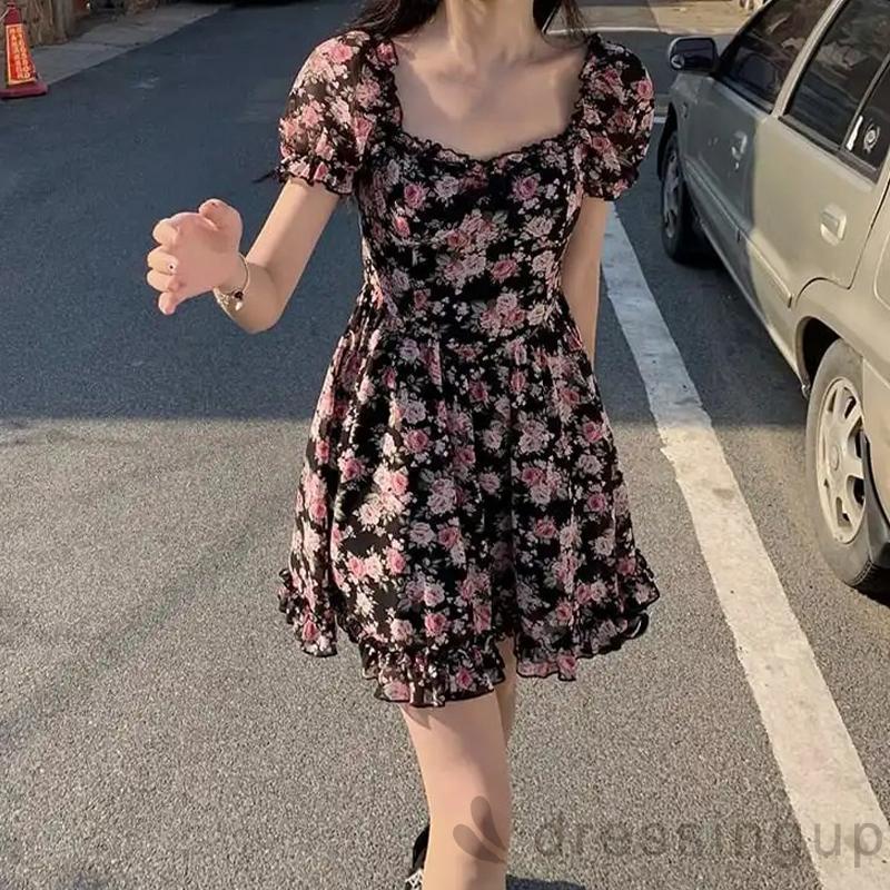 Đầm chữ A cổ vuông tay ngắn phồng eo cao thời trang mùa hè cho nữ