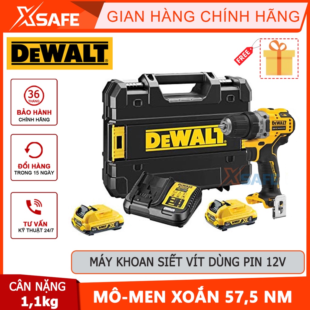 Máy khoan siết vít dùng pin 12v Dewalt, lực momen tối đa 57.5 Nm/25.5 Nm, khoan đầu kẹp 1.5-10mm khoan được gỗ 20mm, sắt