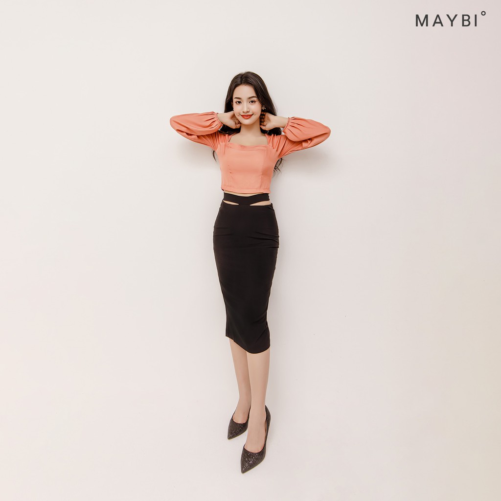 MAYBI - Áo hồng cổ vuông tay phồng dài