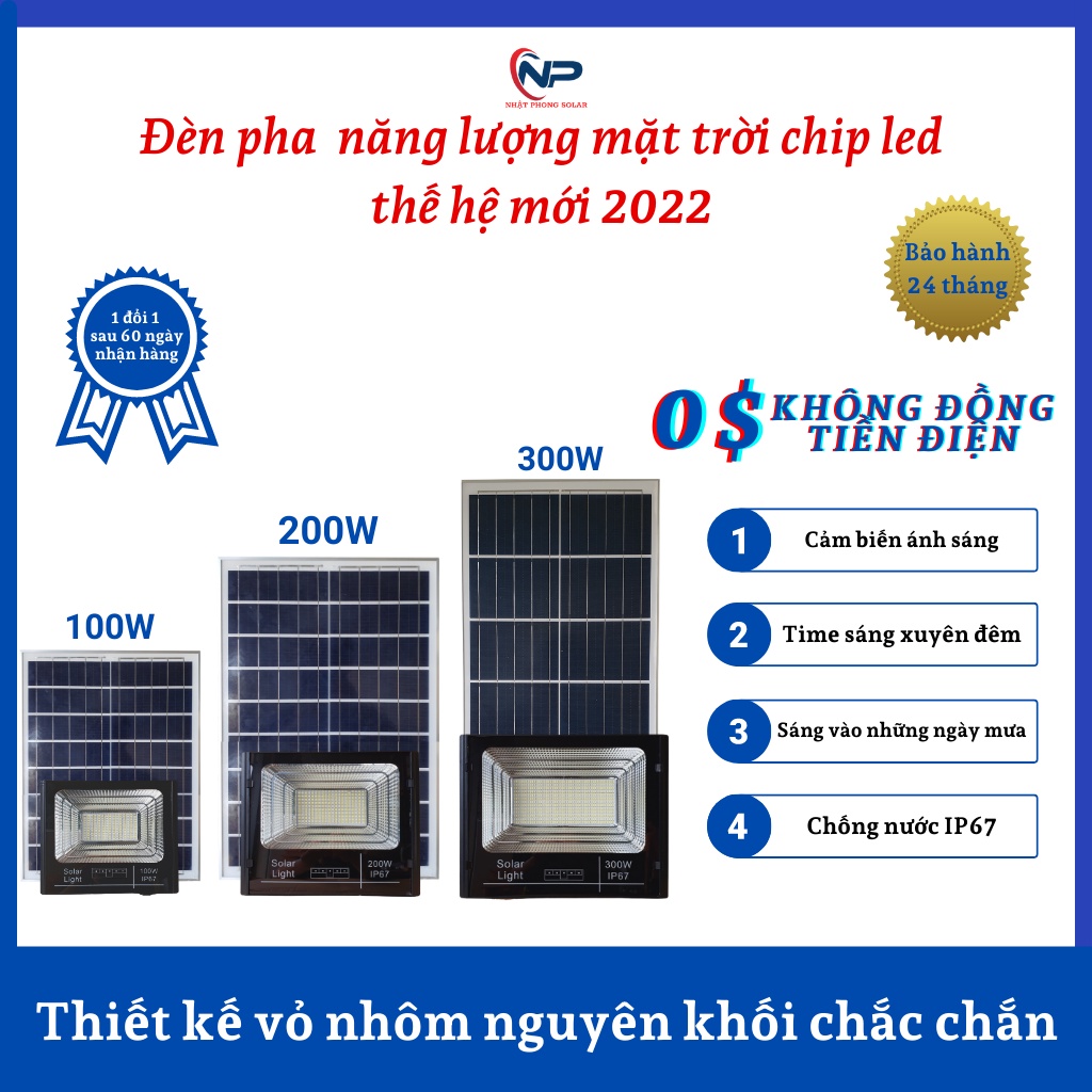 Đèn Năng Lượng Mặt Trời SHOPNHATPHONG Đèn Pha Led Năng Lượng 300W,200W,100W Vỏ Nhôm,Đèn Báo phần Pin,Chống Nước BH 2Năm