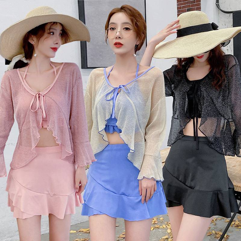 Bộ Đồ Bơi Ba Mảnh Tay Dài Màu Trơn Phong Cách Hàn Quốc Quyến Rũ Cho Nữ Ds-532124