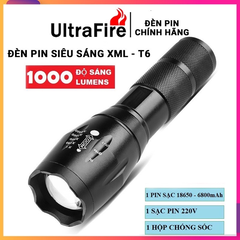 Đèn Pin Siêu Sáng T6 Nhôm Nguyên Khối Chống Nước Pin 18650 Đèn Pn Sạc Zoom X2000M