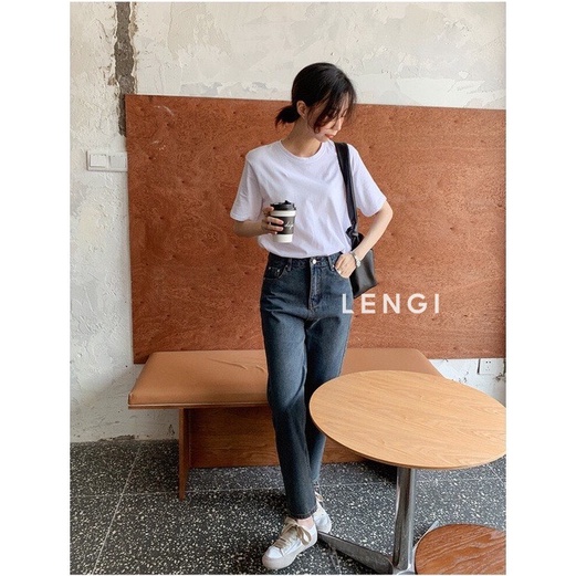 Áo thun cổ tròn trơn nữ basic LENGI  tay lỡ 100% cotton hai màu trắng đen cao cấp - LK005