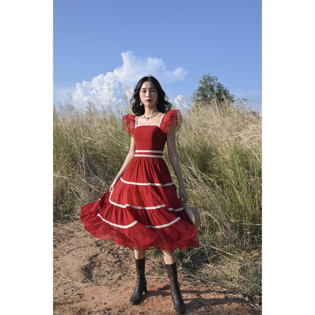 [Mã SKAMSALEP6 giảm 10% tối đa 100K đơn 150K] SÒ VINTAGE - LIVIA Đầm xòe tay cánh tiên viền ren