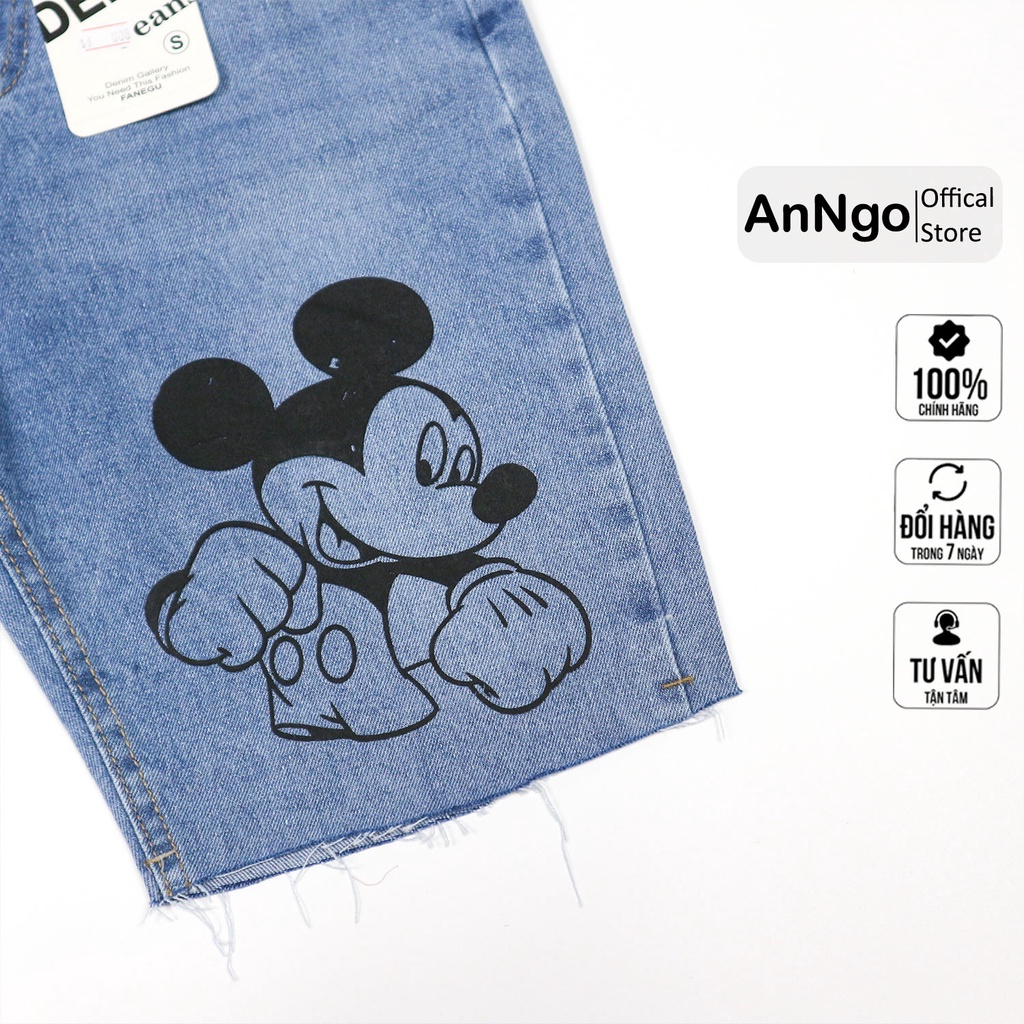 Quần jean ngố nữ hình chuột Mickey không co giãn, hình in cá tính AnNgo - AT25A