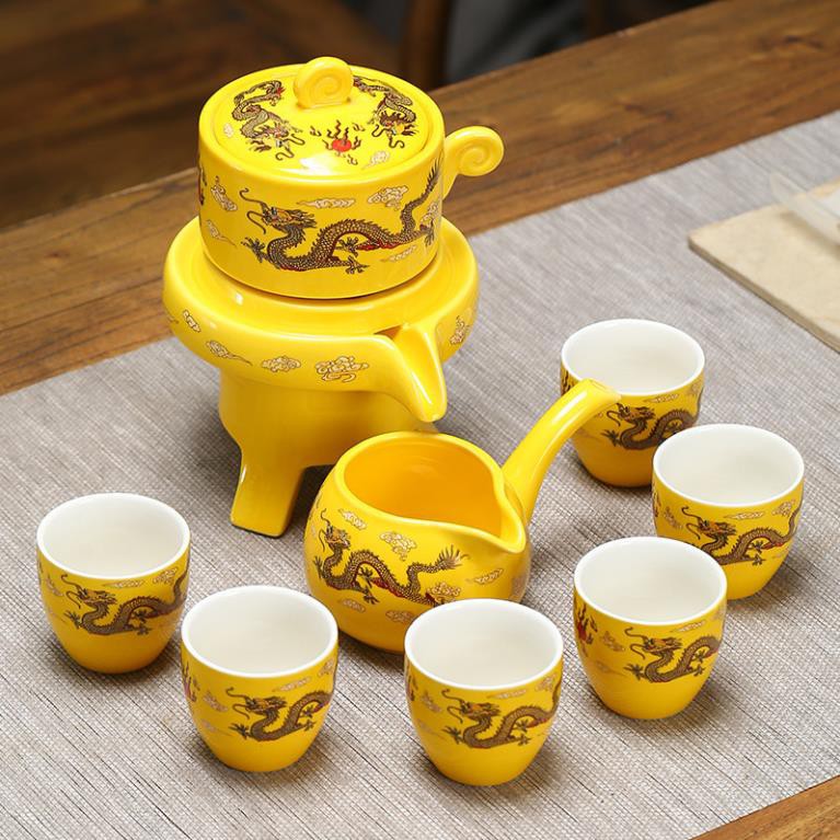 Bộ Ấm Trà Cối Xoay Gốm Sứ Retro Vàng Cao Cấp - Hàng Có Sẵn