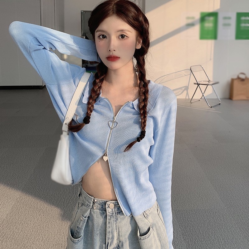 Áo khoác dệt kim dài tay màu trơn phối khóa kéo sành điệu cho nữ