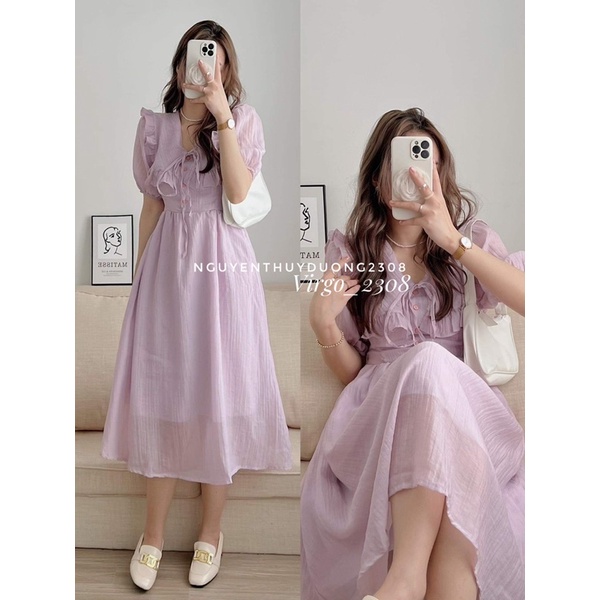 [HÀNG SẴN]VÁY TƠ CỔ BÈO VUÔNG THẮT NƠ DÁNG MIDI TIỂU THƯ