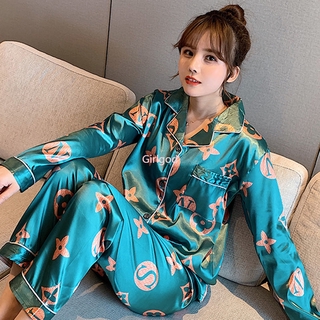 Set Đồ Ngủ Dài Vải Phi Bóng Phong Cách Hàn Quốc Cho Nữ