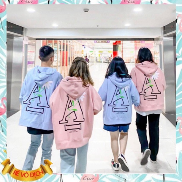 (mới) ÁO KHOÁC HOODIE CHỮ A IN LƯNG HOA CÚC XANH HỒNG - ÁO NỈ MŨ ANGEL LAND Couple ULZZANG