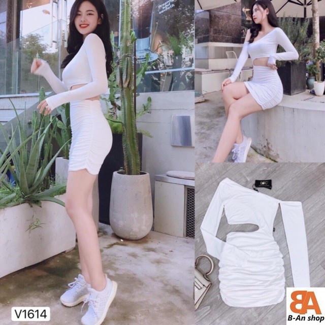 Đầm body trễ vai kiểu khoét eo thun Borip bao chất Free Size dưới 53kg dành cho nữ sexy gợi cảm