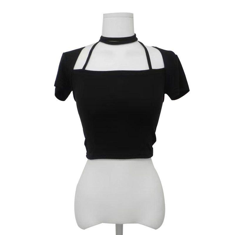 Áo ôm Croptop cộc tay màu đen phối dây cột ở cổ cá tính
