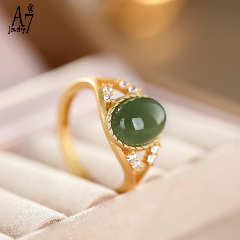 Nhẫn Mạ Bạc 925 Đính Đá Ngọc Bích Xám A7Jade