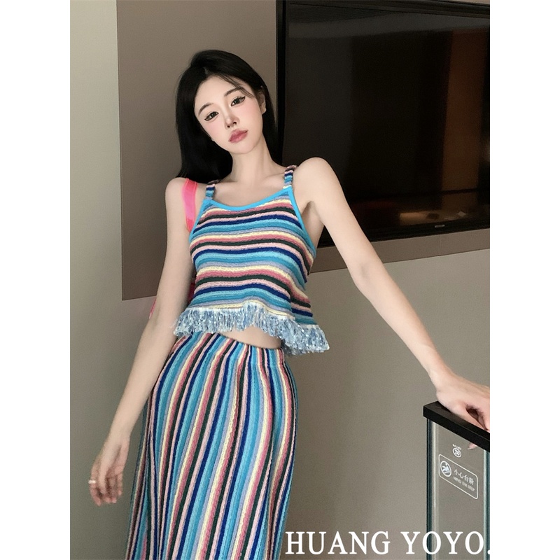 Set Áo Cổ Yếm Phối Tua Rua + Chân Váy Lưng Cao Thời Trang Nữ