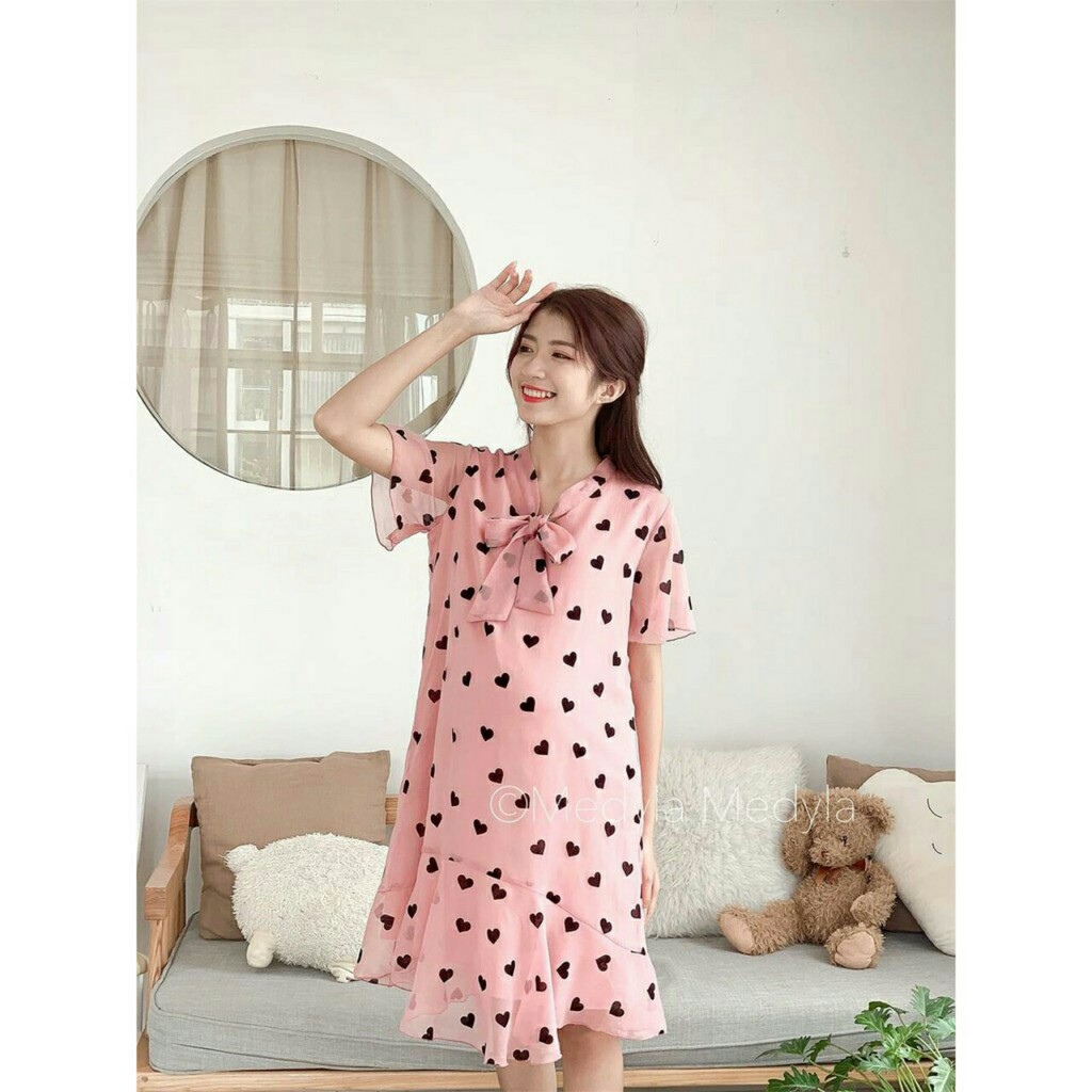 Đầm bầu xinh BCA617 chất voan lụa hai lớp đẹp màu hồng