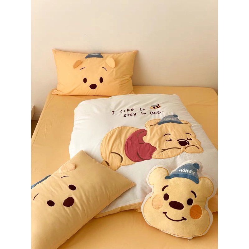 Bộ Chăn Ga Gối 5 Món mẫu GẤU POOH -  Cotton Linen Họa Tiết Hoạt Hình Disney Dễ Thương