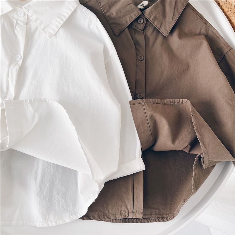 Áo Sơ Mi Cotton Màu Trơn Phong Cách Hàn Quốc Thời Trang Xuân Hè 2021 Mới Cho Bé Trai