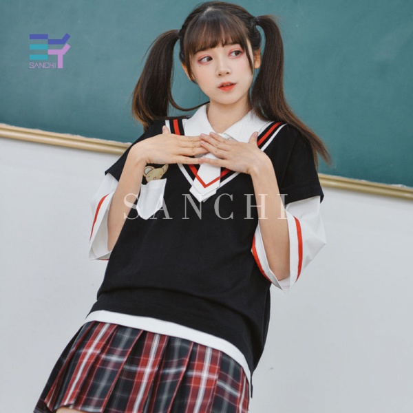 SANCHI Sportswear Set Includes Fake Two-Piece T-shirt Summer Fashion Shorts Women loose Plaid pleated skirt