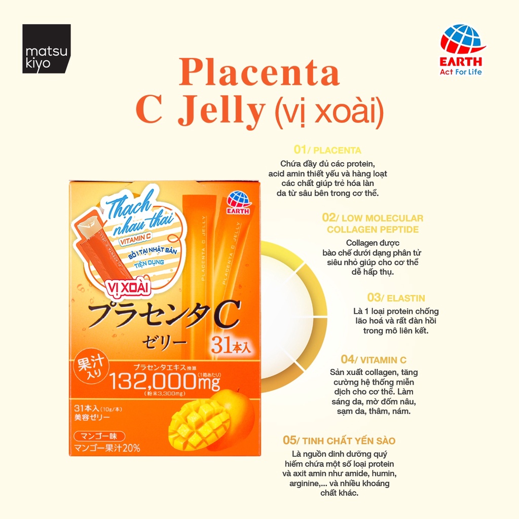 Thạch nhau thai Matsukiyo Earth 31 gói - Vị sơ ri/vị xoài