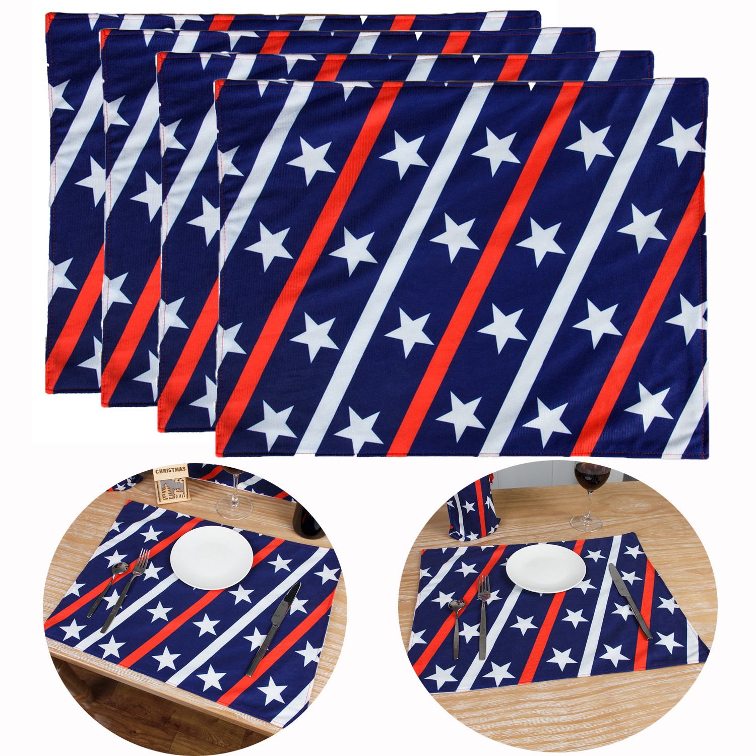 ❤LANSEL❤ 4pcs/set Kitchen Independence Day Non-Slip Table Place Mats Placemats Heat-Resistant Rectangle Table Decor Washable American Flag