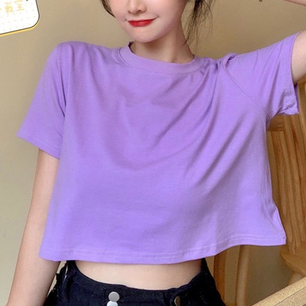 Áo croptop nữ cổ tròn tay ngắn trơn form rộng unisex 40-65kg