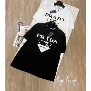 Áo thun tay lỡ PRADA cotton form rộng oversize nam nữ 2 màu đen trắng