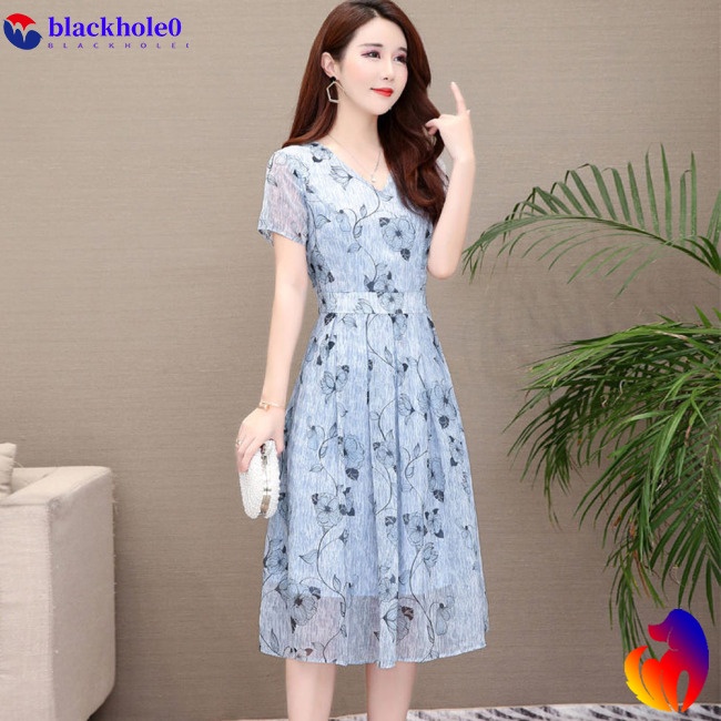 BH Summer Slim V-neck Floral Dress Elegant Short Sleeves Middle Long Printing Causal Dress