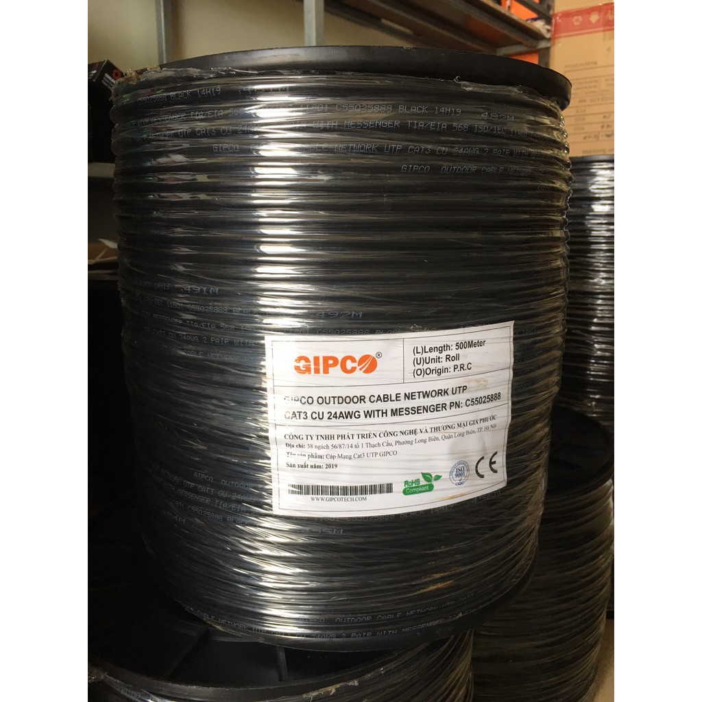 30m dây mạng cat 3 4 sợi đồng có dầu, có dây chịu lực  Cable Mạng Cat3 4 sợi xoắn (CU) Gipco 5888 ( 305M ) bấm sẵn 2 đầu