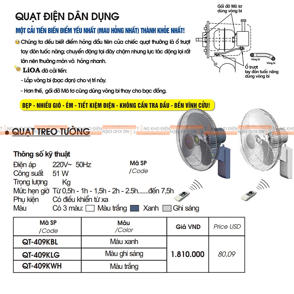 Quạt treo tường QT-409K LiOA - Điều khiển từ xa [Hàng Chính Hãng]