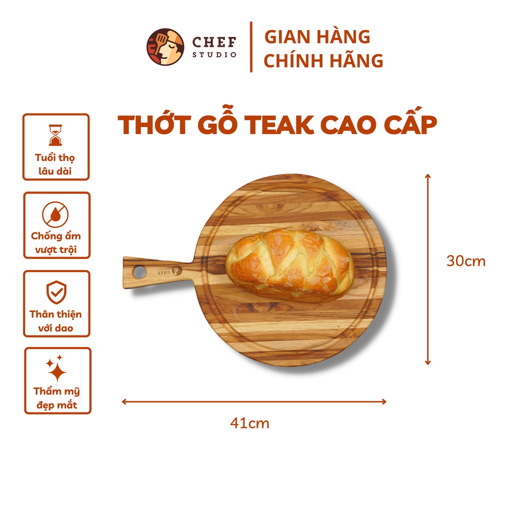 Thớt gỗ Teak Chef Studio cao cấp hình tròn có tay cầm, dùng cho cắt thái và trang trí