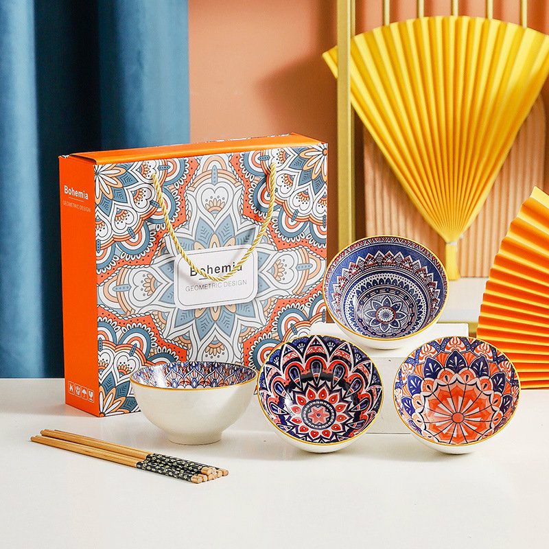 Bộ 6 chén/bát sứ và 6 đôi đũa ăn cơm cao cấp, họa tiết thổ cẩm độc đáo